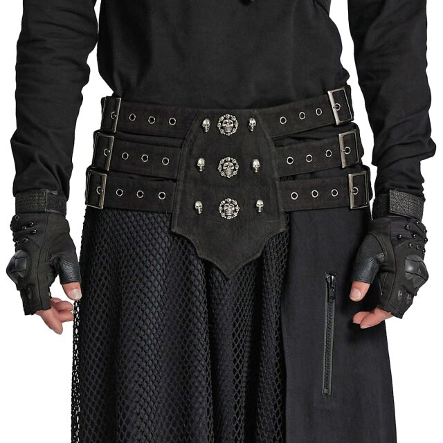 Punk Rave Gothic-Gürtel (WS-673BK) für ein düsteres, mystisches Styling: mit Totenkopf-Nieten und einem rüstungsähnlichen Design wird dieses Accessoire zum Highlight für Konzerte, Festivals und die Clubszene!