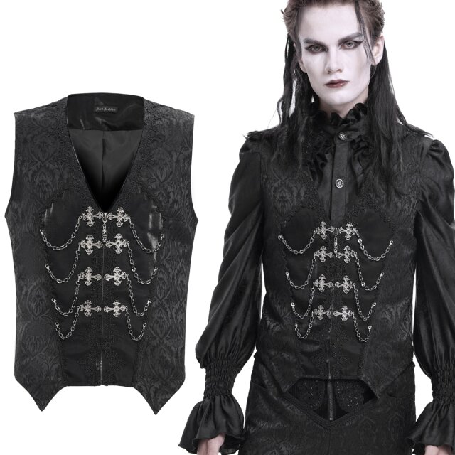 Dark elegance meets Victorian gothic chic: the Devil Fashion waistcoat (WT089) made of brocade and shiny taffeta seduces with its coffin-shaped design, baroque metal crosses and vampire-like hem tips. A dark and noble must-have for true gentlemen of the night!