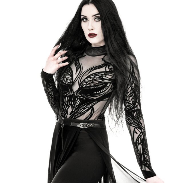 Restyle Mesh-Body Elven Whispers mit langem Ärmeln, Stehkragen und mystischen Elfenflügel-Muster
