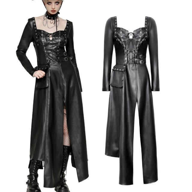 Düster, rebellisch, verführerisch – das Dark in Love Gothic-Kleid (DW1056) aus PU-Leder mit asymmetrischem Saum, tiefem Schnür-Dekolleté und Cargo-Tasche ist Ihr perfektes Statement für Festivals, Dates & dunkle Nächte!