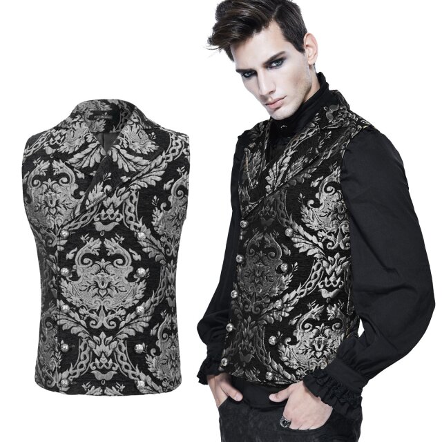 Dunkle Eleganz trifft auf viktorianischen Chic: Die schwarz-silberne Devil Fashion Brokatweste (WT01302) kombiniert edlen Stoff, düstere Noblesse und eine markante Silhouette – perfekt für Gothic-Gentlemen und viktorianische Dandys.