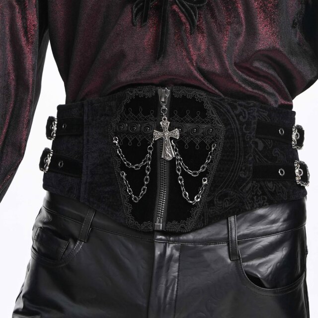 Devil Fashion Samt-Kummerbund im Victorian-Goth-Stil (AS205) mit dekorativen silberfarbenen Kreuz, Zierketten und eleganten Schnallen