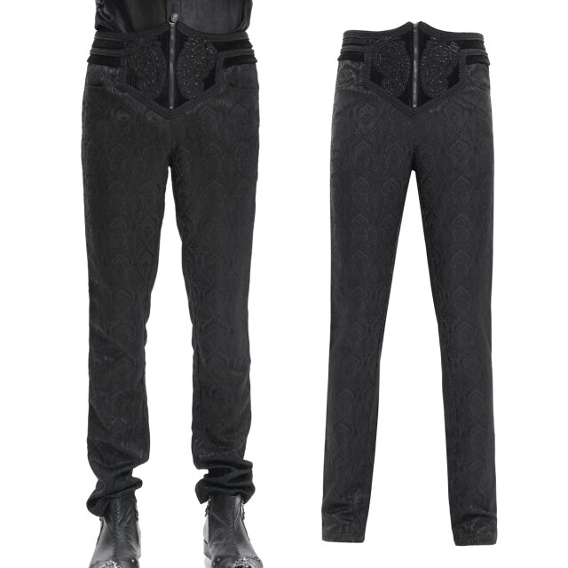 Die Devil Fashion Hose (PT259) in Brokat-Optik kombiniert viktorianischen Luxus mit düsterer Eleganz. Edler Brokat, samtige Details und eine perlenbesetzte Applikation machen sie zum perfekten Highlight für jede Gothic-Veranstaltung.