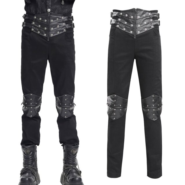 Devil Fashion Gothic Jeans mit hohem Kunstleder-Bund (PT260) mit verzierten Nieten im aufregenden Warrior Stil, Kunstleder-Patches mit Rundnieten und Reißverschlüssen an den Knien