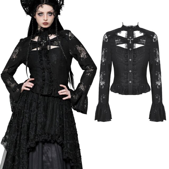 Dark In Love Victorian Goth Bluse (IW120) aus dunkelromantischer Spitze, mit auffallenden Cut-Outs in Kreuzform und dekorativen silberfarbenen Kreuz mit schwarzem Zierstein