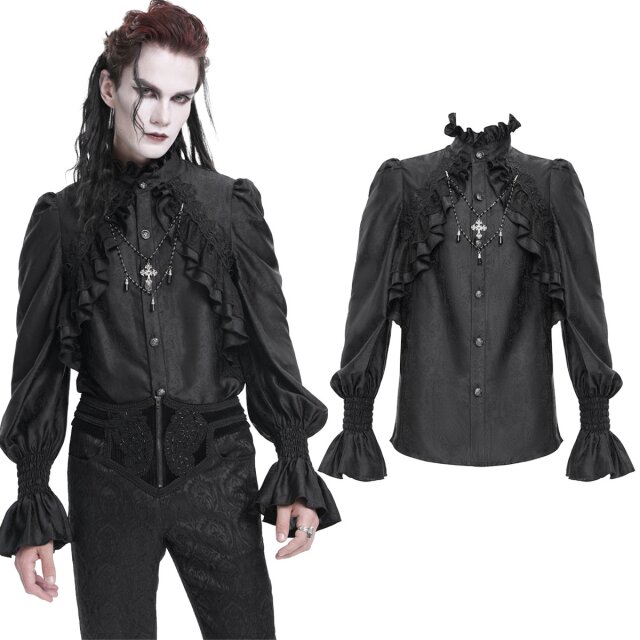 Victorian Devil Fashion frill shirt with decorative cross chain (SHT12401), puffed sleeves, ornamental pattern and dark romantic frill trim