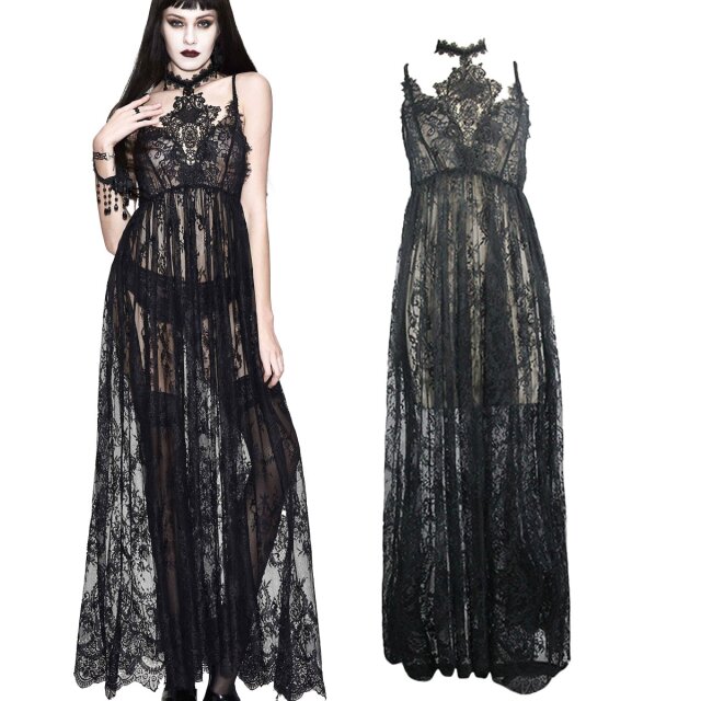 Long, transparent, floral, Eva Lady lace negligee-style dress (ESKT024S) in an empire line with decorative lace element in the décolleté area and delicate lace choker to tie at the neck