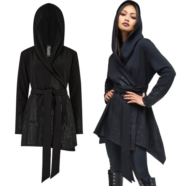 Düstere Eleganz und flauschiger Komfort vereint! Die KILLSTAR Not Your Time Kapuzenjacke mit asymmetrischem Saum, Kathedralen-Print und großer Kapuze ist Ihr Gothic-Statement für Alltag und Festival. Jetzt eintauchen in die Schattenwelt!