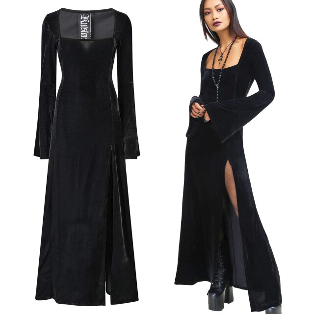 Eleganz mit einem Hauch Verdammnis – das KILLSTAR Morvessa Maxi Kleid aus luxuriösem Stretch-Samt, mit ausgestellten Ärmeln, quadratischem Ausschnitt und verführerischem Beinschlitz. Perfekt für Gothic-Göttinnen mit Stil!