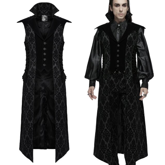 The calf-length gothic waistcoat (WY-1683BK) from Punk Rave combines darkly romantic elegance with Victorian sophistication. With baroque patterns, batwing details and a mouldable vampire collar, you can make a darkly elegant statement.