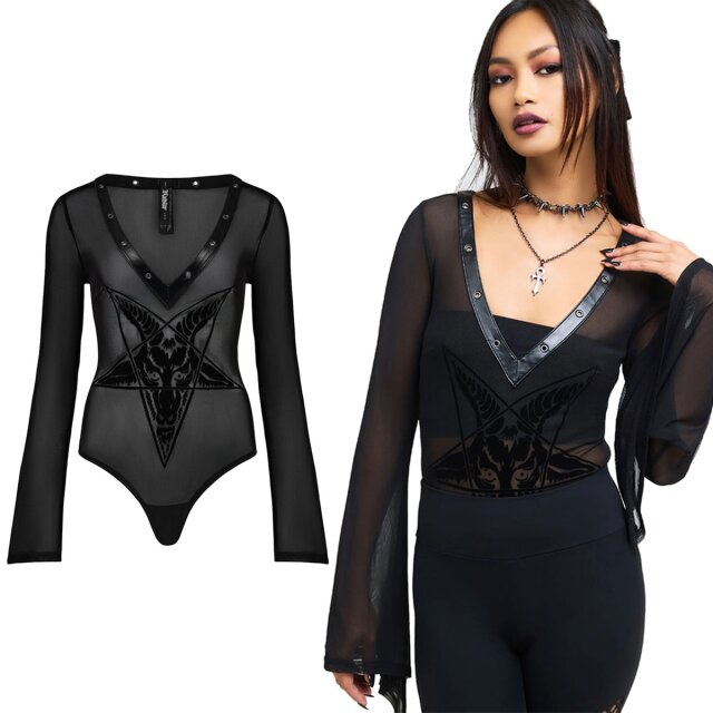 KILLSTAR Mephistar transparenter Gothic Bodysuit (KSRA012031) mit samtigem Baphomet-Motiv, langen Trompetenärmeln, Kunstledersaum mit Ösen und tiefen V-Ausschnitt