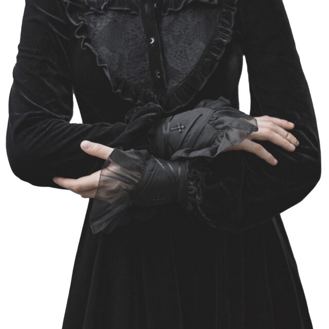 PUNK RAVE Gothic-Manschetten-Armstulpen (OPS-168SSFBK) mit dunkelromantischen semi-transparenten Rüschen, dekorativen schwarzen Kreuz und Druckknöpfen