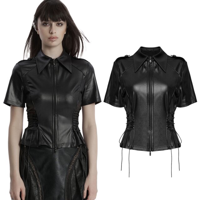 Punk rave faux leather uniform gothic short sleeve blouse...