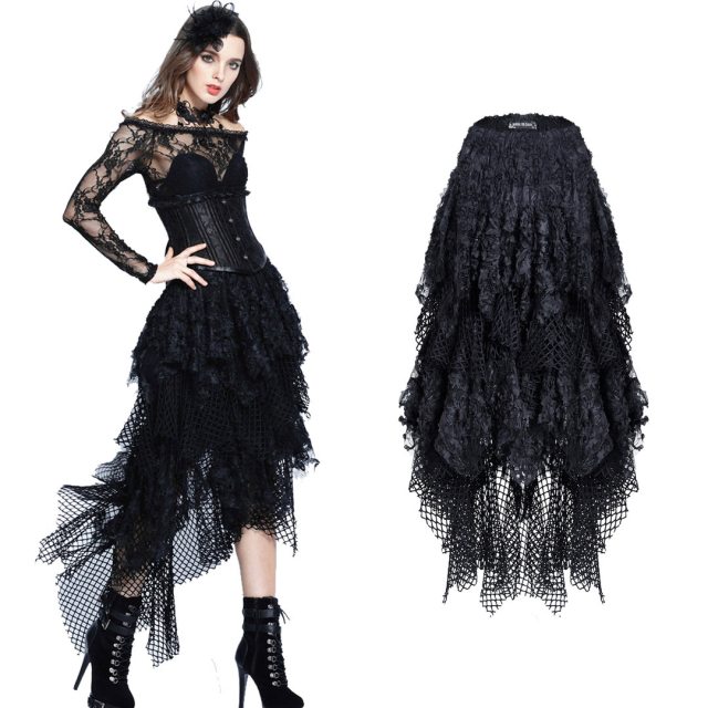 Dark In Love hi-low gothic witchcraft skirt (KW106) made from layers of different lengths of coarse mesh and shredded fabric.