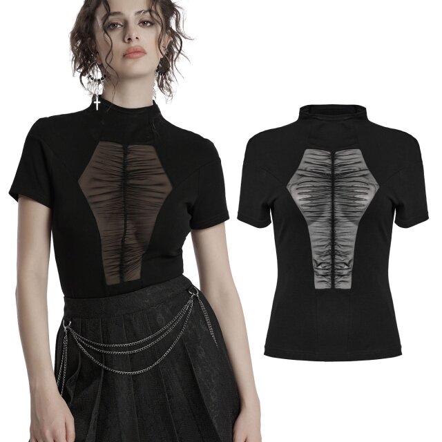 Punk Rave Gothic T-Shirt mit gerafften Mesh-Einsatz in Sarg-Form im Dekolleté-Bereich (OT-955TDF), hohem Kragen, aus einem schwarzen, elastischen Baumwolljersey