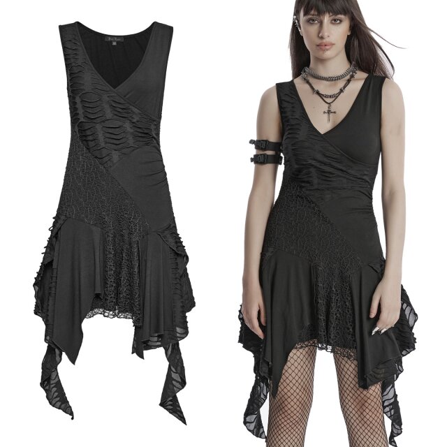Airy gothic mini dress from Punk Rave with wraparound look (OQ-809BK), asymmetric pointed hem and savage material combination. Perfect for hot nights in darkness.