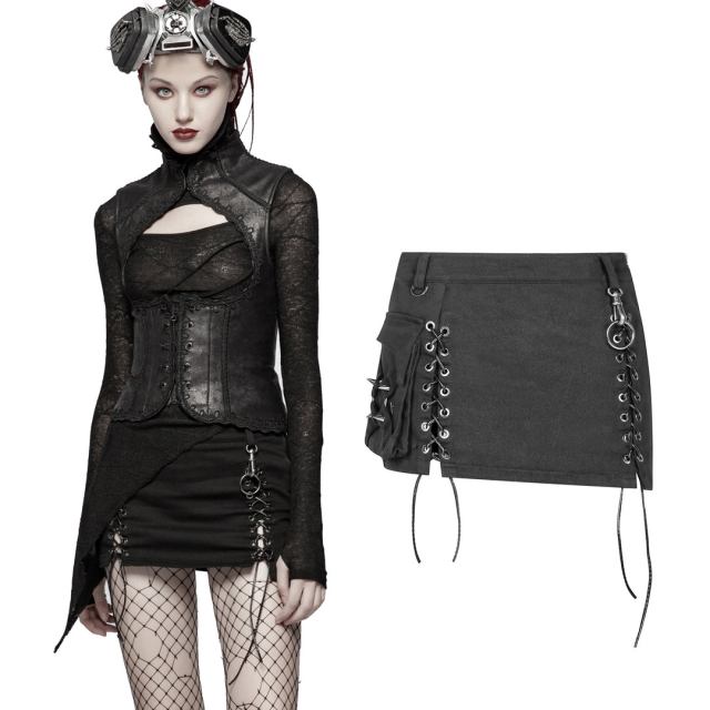 PUNK RAVE WQ-040 Very short basic gothic mini skirt made of black stretch denim. Ladies Gothic & Steampunk clothing