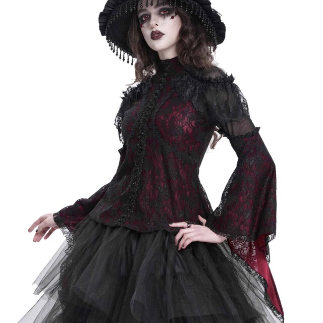 Romantisches Victorian Goth Blusenshirt Sombras Amadas rot-schwarz-L