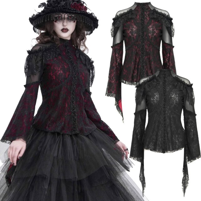 Romantisches Gothic-Blusenshirt (TT27901 & TT27902) von Devil Fashion mit floraler Spitze, Trompetenärmeln & Borte – erhältlich in Schwarz oder mit blutrotem Mesh-Futter für düster-verführerischen Auftritt.