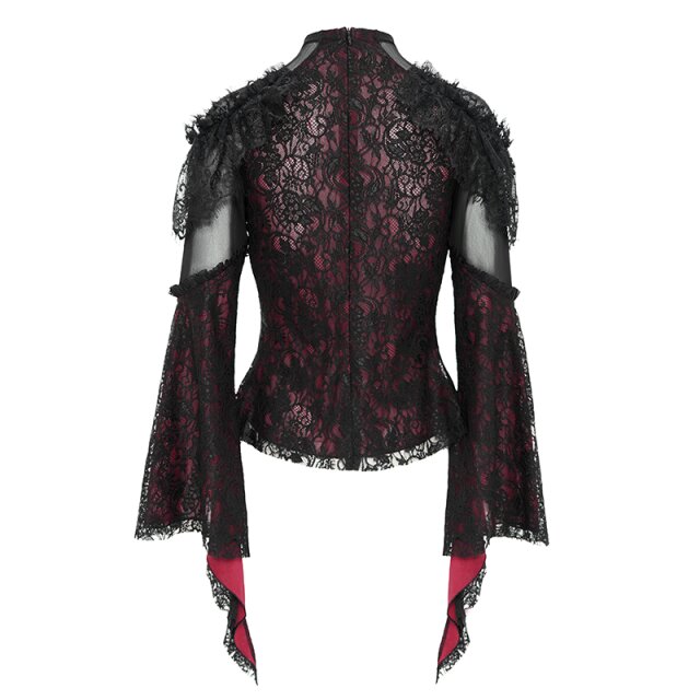 Romantisches Victorian Goth Blusenshirt Sombras Amadas rot-schwarz-L
