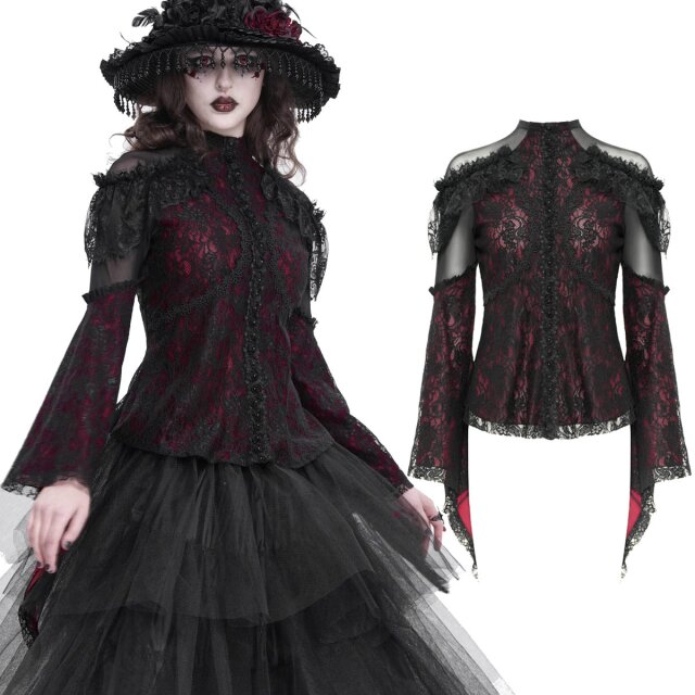 Romantisches Victorian Goth Blusenshirt Sombras Amadas rot-schwarz-L
