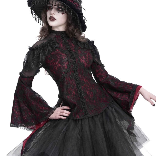 Romantisches Victorian Goth Blusenshirt Sombras Amadas rot-schwarz-L
