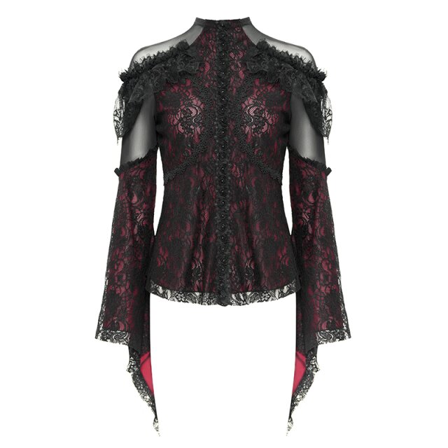 Romantisches Victorian Goth Blusenshirt Sombras Amadas rot-schwarz-L