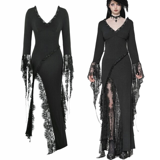 Figurbetontes, langes Gothic-Kleid von Dark in Love (DW1047) mit Spitze, Beinschlitz & Meerjungfrauen-Silhouette – verführerisch, bequem & romantisch-düster.