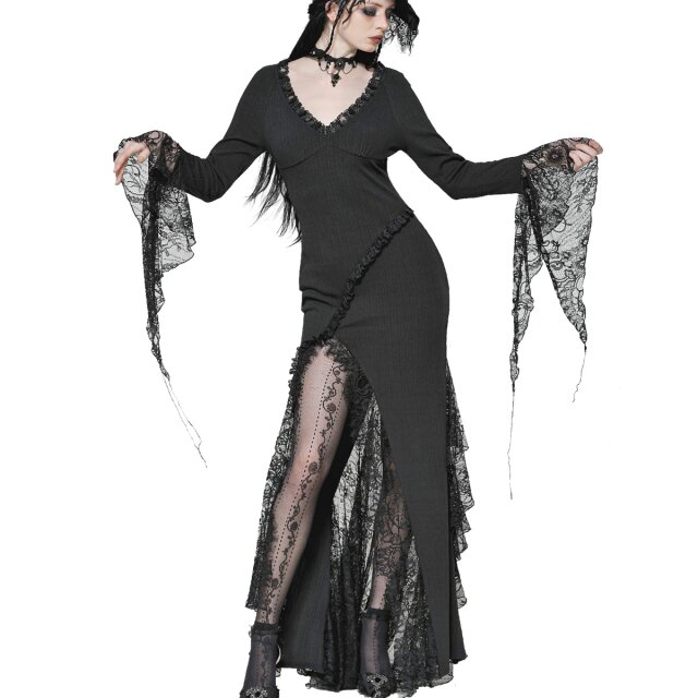Langes schmales Gothic-Kleid Moonlit Kisses mit Spitze L