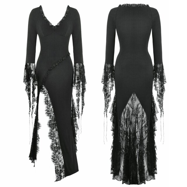Langes schmales Gothic-Kleid Moonlit Kisses mit Spitze L
