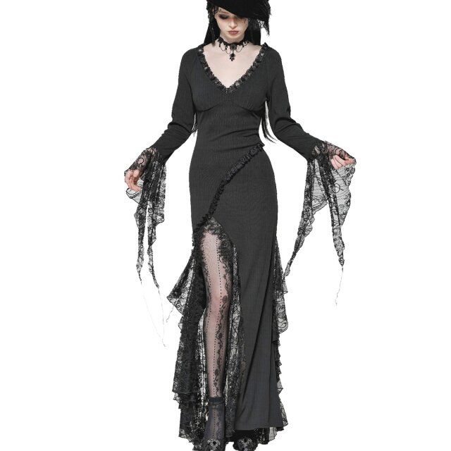 Langes schmales Gothic-Kleid Moonlit Kisses mit Spitze S