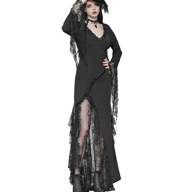 Langes schmales Gothic-Kleid Moonlit Kisses mit Spitze S
