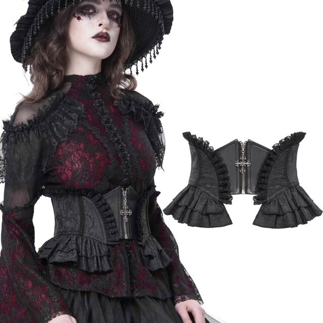 Devil Fashion Korsagengürtel (AS20901 & AS20902) im Victorian-Goth-Stil mit Rosenmuster, Rüschen, Kreuz-Zipper und Schnürung. Wählen Sie zwischen klassischem Schwarz oder blutroter Dramatik.