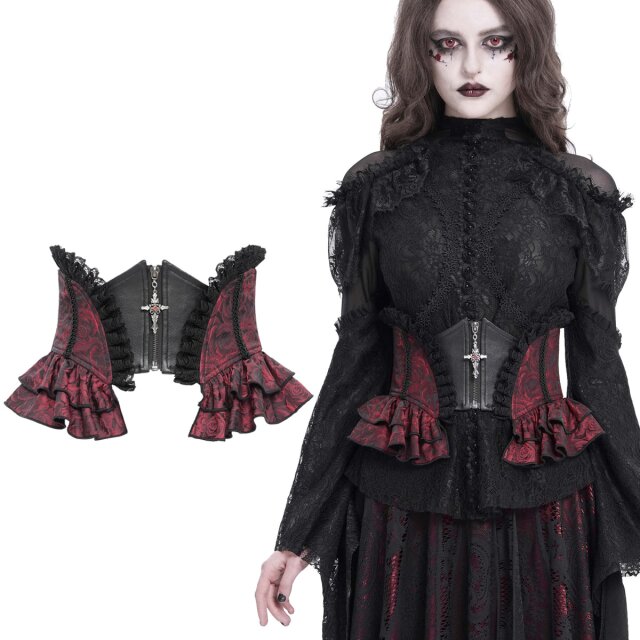 Devil Fashion Korsagengürtel (AS20901 & AS20902) im Victorian-Goth-Stil mit Rosenmuster, Rüschen, Kreuz-Zipper und Schnürung. Wählen Sie zwischen klassischem Schwarz oder blutroter Dramatik.