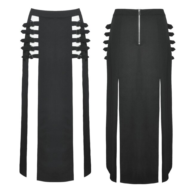 Long Punk Gothic Skirt Darker Than Midnight with Buckles