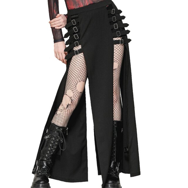 Long Punk Gothic Skirt Darker Than Midnight with Buckles