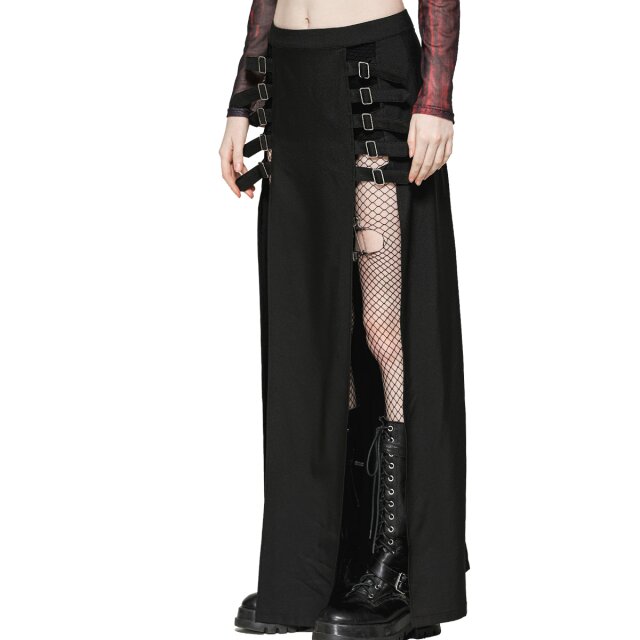Long Punk Gothic Skirt Darker Than Midnight with Buckles