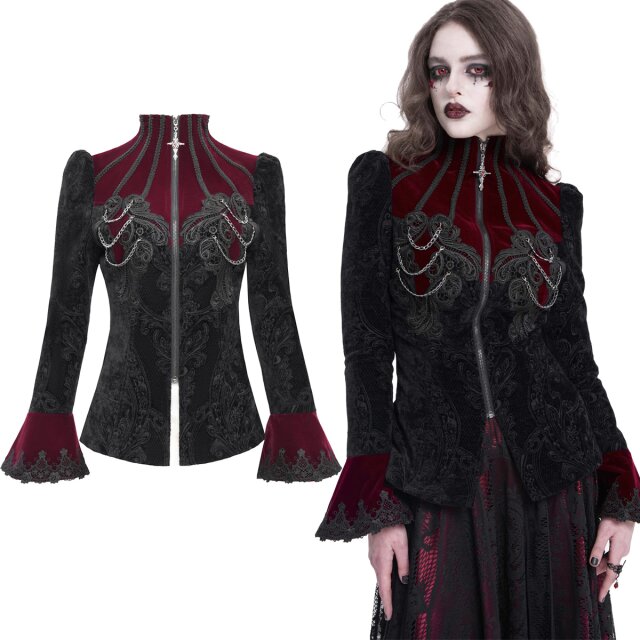 Victorian Goth Jacke (CT25802) aus schwarzem & blutrotem Samt mit Spitze, Trompetenärmeln & Kreuzzip – tailliert, romantisch, düster. Ein Must-have für Vampir-Vibes.
