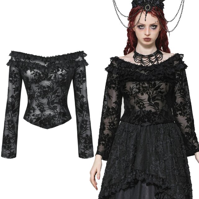 Delicate gothic mesh shirt (TW611) with floral flocking & Carmen neckline with lace. Short cut - ideal with skirts & corsets. Pure dark romance!