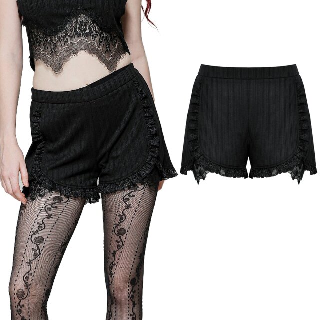 Dark In Love Romantische Gothic-Shorts (PW131) mit dunkelromantischem Spitzensaum, angenehmen elastischen Strick, im High-Waist Schnitt