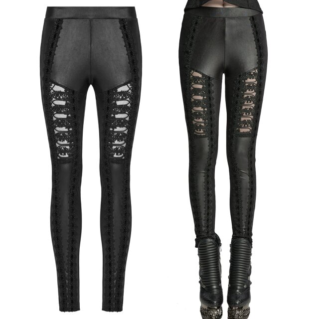 Gothic wetlook leggings by Punk Rave (WK-722BK) with cathedral-inspired lace panels & velvet trims – darkly romantic, comfortable & perfect for your shadowy wardrobe.