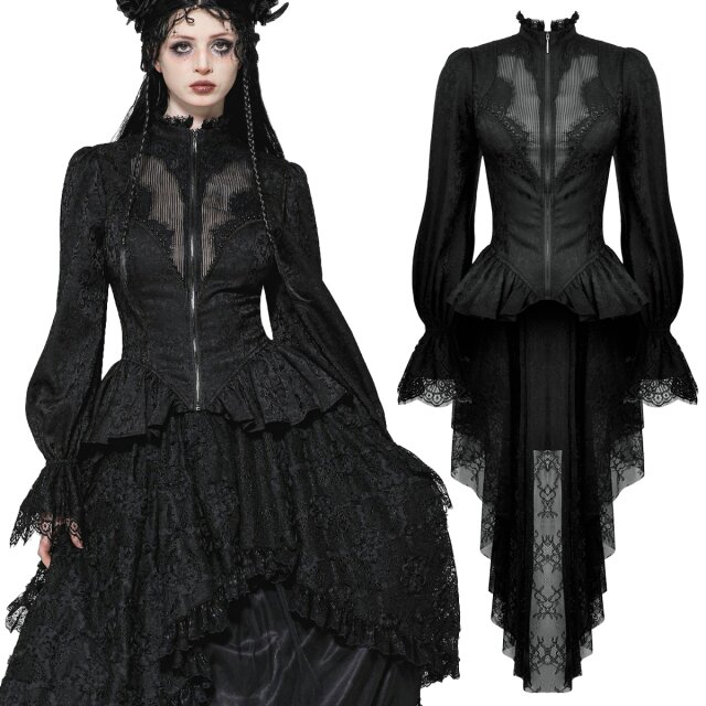Dark In Love Frack-Jacke im Victorin-Goth-Stil (JW271) aus elegantem Stoff mit Brokatmuster, dunkelromantischen Ballonärmeln und Schößchen mit langem noblen Schwalbenschwanz aus Spitze