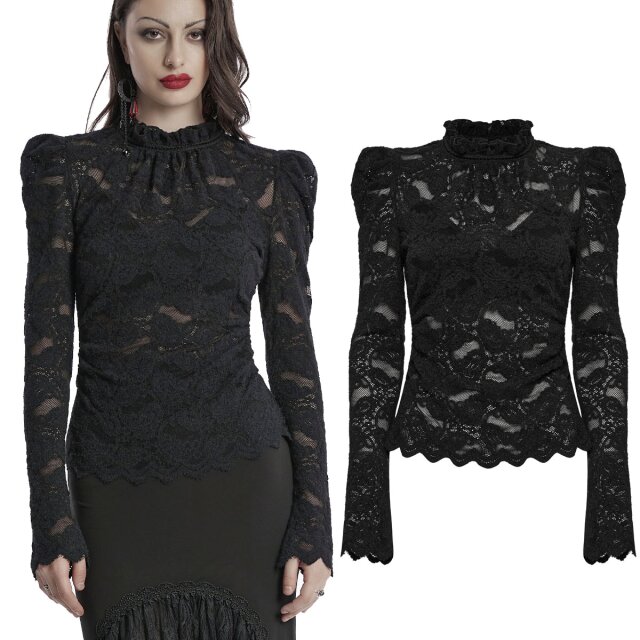 Zartes Gothic-Spitzenshirt (OT-963BK) von Punk Rave mit Puffärmeln & Stehkragen. Transparent, romantisch & bequem – perfekt für düstere Looks mit Stil.