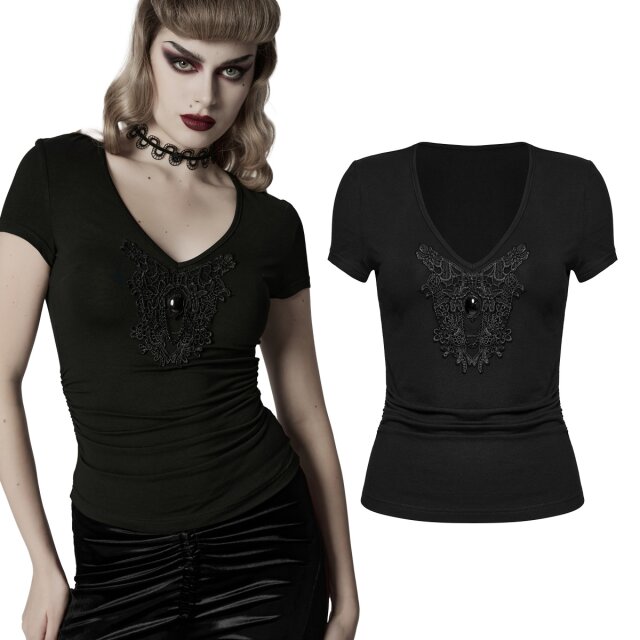 Dunkelromantisches Punk Rave T-Shirt (WT-1013TDF) mit tiefem V-Ausschnitt, eleganten Spitzenornament und großen schwarzen Zierstein mit zarten Ketten.