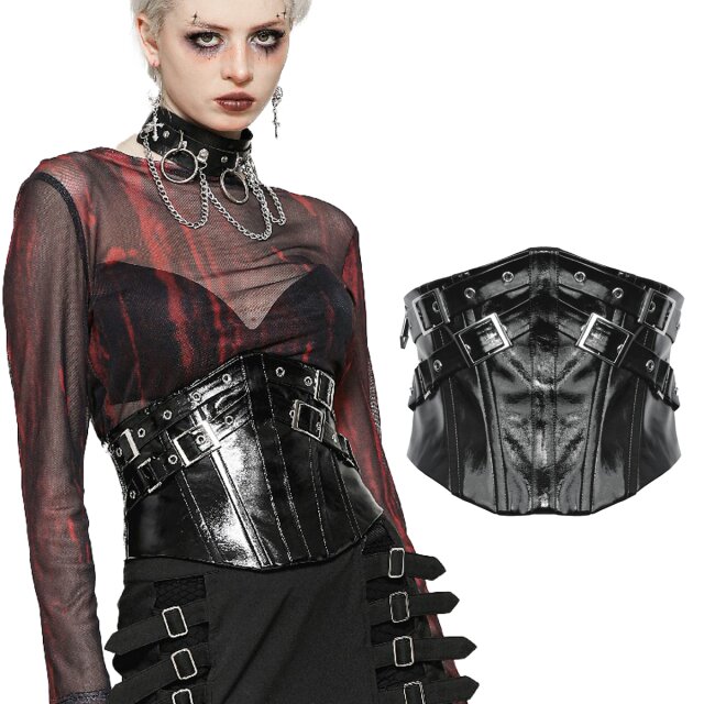 Dark In Love Kunstleder Gothic-Korsagengürtel (CW089) mit stylischen Riemen, silberfarbenen Ösen, Zierschnallen, Korsettschnürung und praktischen Reißverschluss