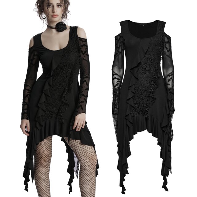 Punk Rave Long-Sleeve Gothic Tapered Dress (OQ-812LQF) with flocked Bat Mesh Sleeves, Shoulder Cut-Outs, Net Fabric and Ruffles