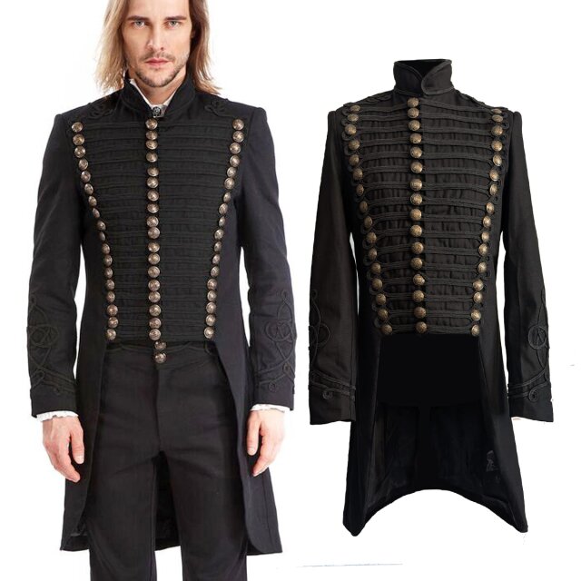 Düster-edle Frackjacke für Herren: Midnight Regiment (M080081) – Gothic- und Steampunk-Look mit goldverzierten Knöpfen & prachtvollen Borten. Hochgeschlossen, elegant, außergewöhnlich.