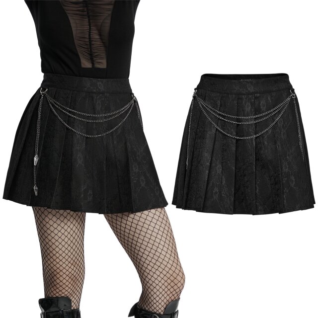 Kurzer Punk Rave Gothic-Faltenminirock (OQ-791BQF) mit dunkelromantischen Spitzenmuster und punkigen, abnehmbaren Ketten mit auffälligen Sarg-Anhängern.