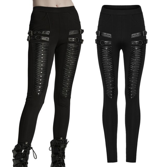 Extravagant Gothic Leggings with Straps, Pleated-Like Wetlook Scales, and Pockets: The Punk Rave trousers (WK-695DDF) deliver a dark, rebellious look with maximum style.