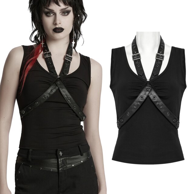 Stylisches Punk Rave Tanktop (WT-962BXF) mit rebellischen abnehmbaren und einstellbaren Riemen aus Kunstleder, mit V-Ausschnitt und Triangel-Ring aus Metall für einen punkigen Gothic-Look.